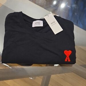 Ami Black Tee with Red Heart Emblem
